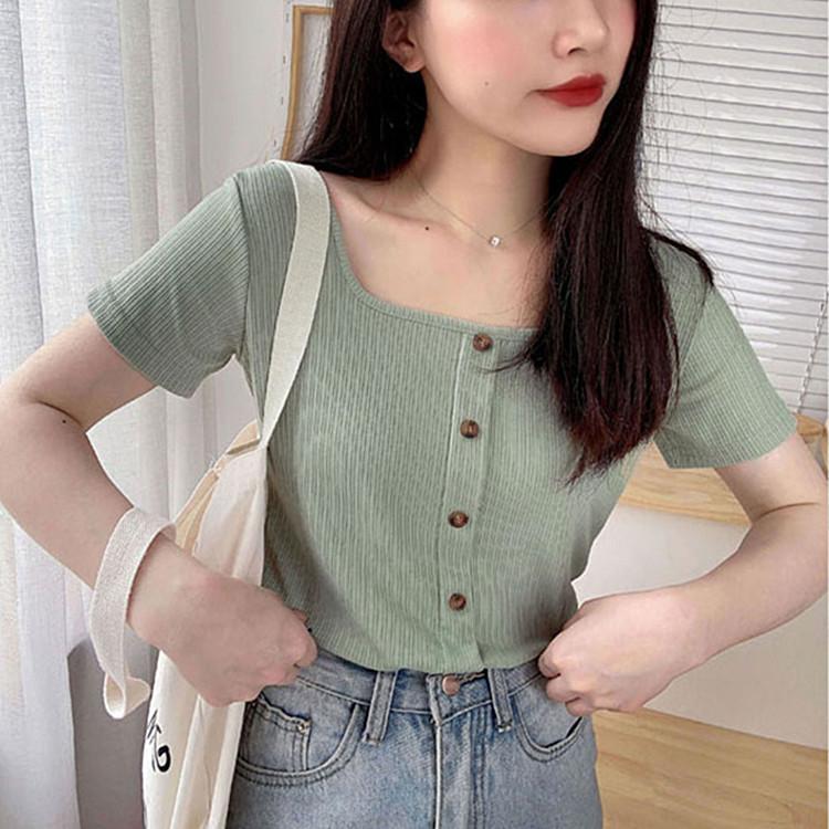 Retro Summer Slim Short Section Square Neck Knit Shirt Short-sleeved T-shirt Female Yankee Heart Machine Exposed Collarbone Tops Casual Pullovers Tees