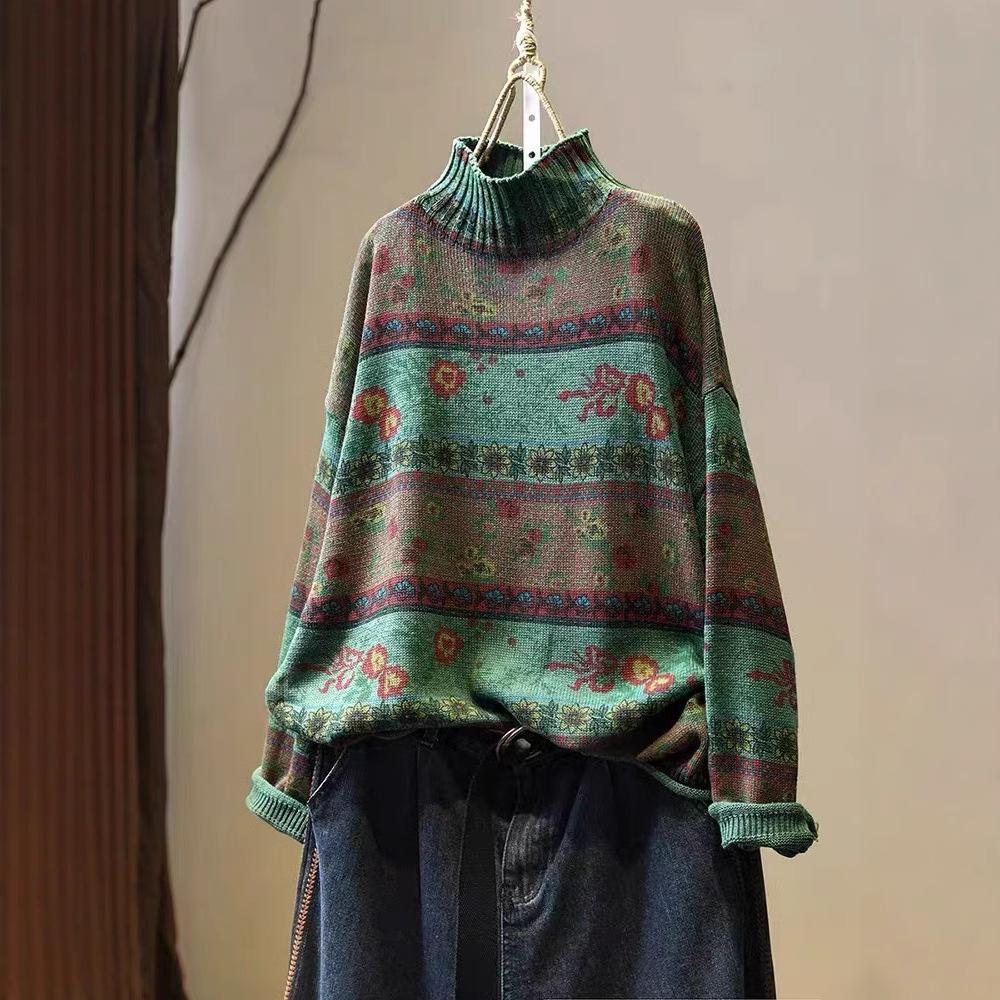 Vintage Floral Print Mock Neck Casual Loose Sweater Woman Autumn Fashion Cotton Long Sleeves Sweater