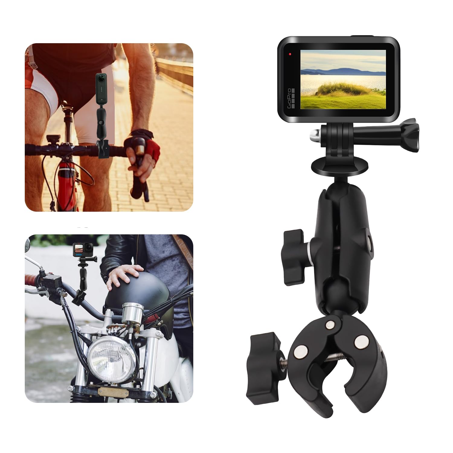 

HAFOKO Motorcycle Bicycle Camera Clamp Mount Double Socket Arm Angle Adjustment Ball Head Adapter Fits Gopro AKASO DJI Action Insta Camera Smartphone