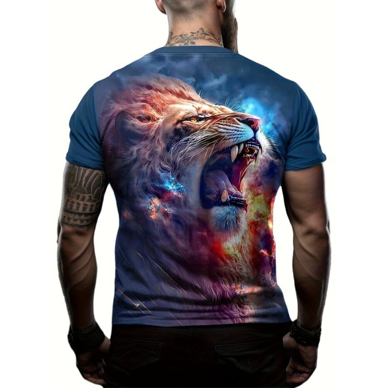 Men's 3D Roaring Lion Printed T-Shirt Cool Galaxy Flame Animal Graphic Tee Casual Short Sleeve Crewneck Top Hip Hop Streetwear Summer Fashion Clothes