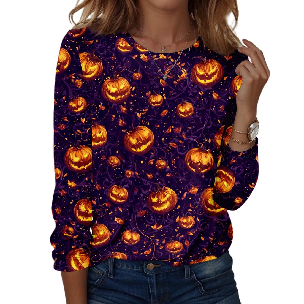 Women Long Sleeve Casual Pullover Sweatshirt Halloween Printed Crew Neck Top Lightweight Comfortable Fit for Everyday Wear