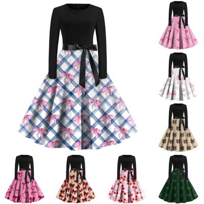 Women's Printed Round Neck Big Hem  Skirt Pleated Skirt Long Sleeved Dress Dress