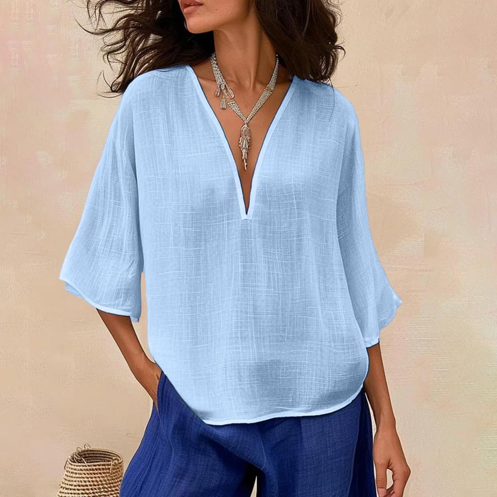 Women's Color Loose Casual Cotton Linen V-neck Fashionable Mid Sleeved Shirt Top