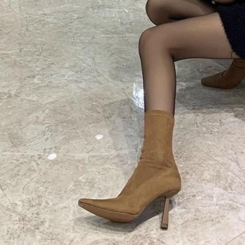 Fashion Fall New Side Zip Slim Heel Single Boots Women's Fashion Pointed Toe Suede Non-Slip Wear-Resistant Short Boots