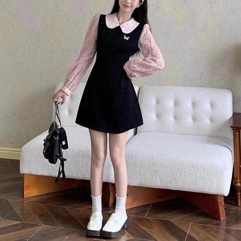 Sweet Polka Dot Mini Dress Spring Autumn Fake Two Pieces Spliced Preppy Style Doll Collar Fashion A-Line Waist