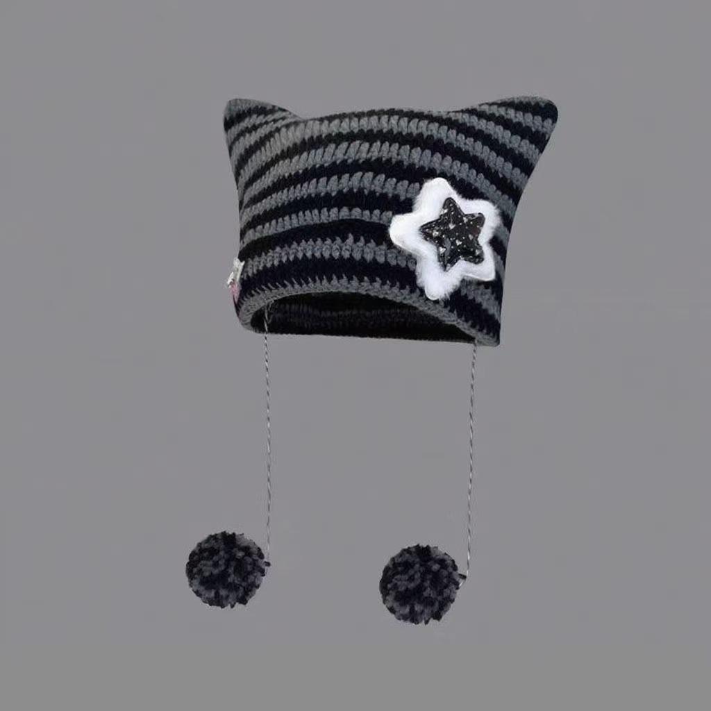 Korean Style Knitted Kitten Ears Beanie - Striped, Warm, Unisex Wool Hat for Students