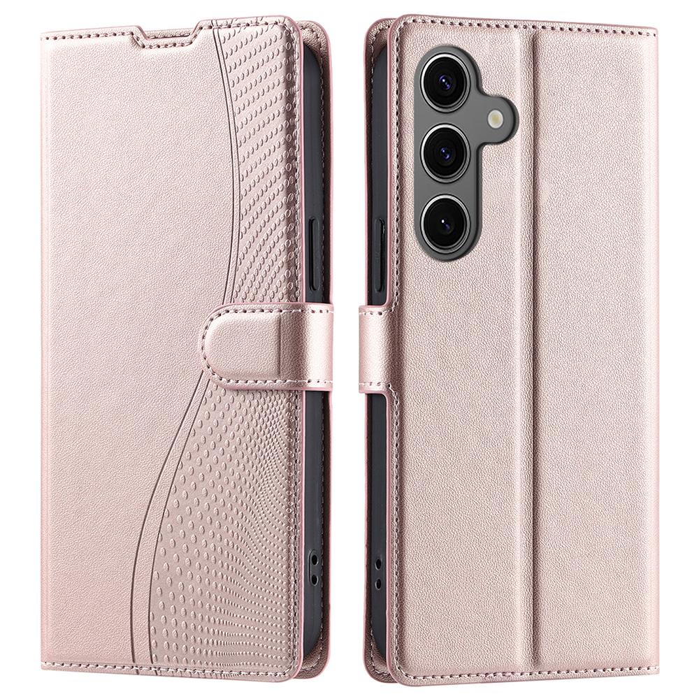 

For Samsung Galaxy S24+ Case Dots Imprinted PU Leather Flip Phone Cover with Card Slot,Strap Rose Gold