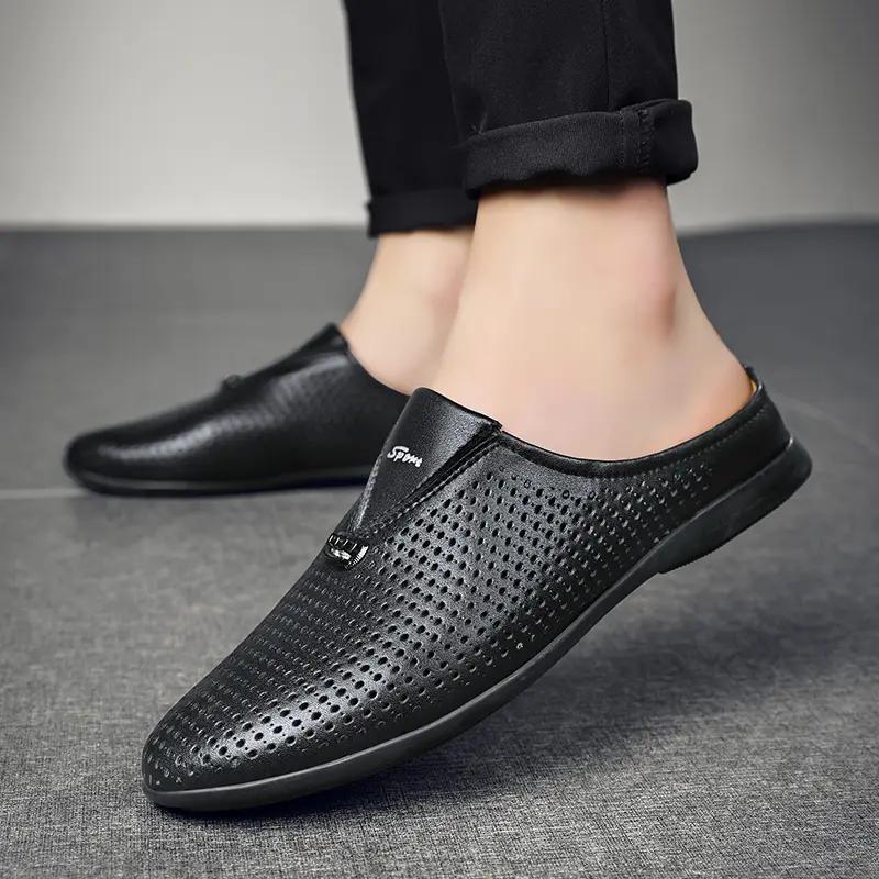 

Мужские кожаные тапочки, полые сандалии, повседневная обувь 39 чёрный