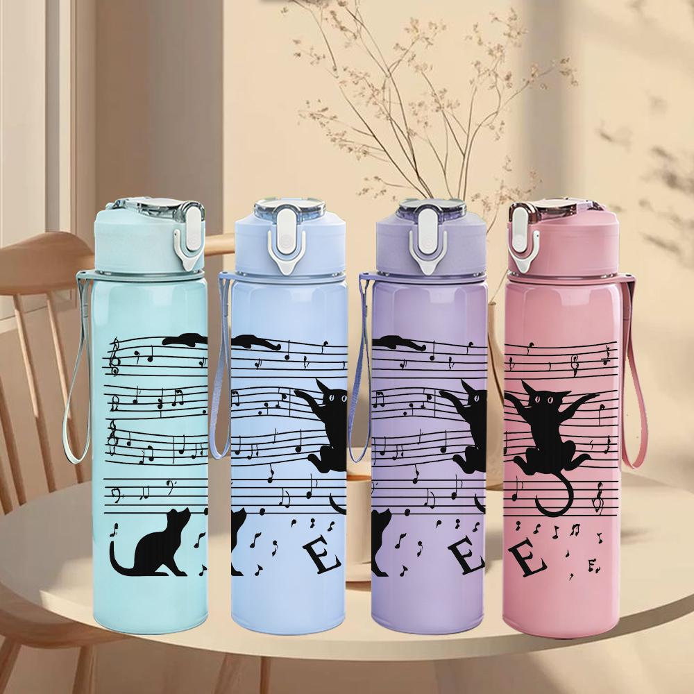 1PC Musical Note Black Cat 750ml Color Plastic Sports Water Bottle Leakproof Flip Straw Lid For Sports Office Home Use