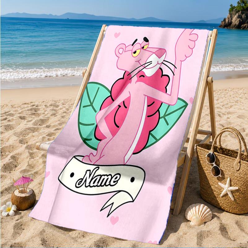 Benutzerdefinierter Name Pink-Panther Herz Im Weltraum Abenteuer Mikrofaser Strandtuch, Leicht für Sommerreisen, Schwimmbad Fan Geschenk