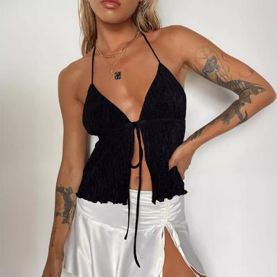 Summer Women's Vest Halter Simple Sexy Lace Drawstring Halter Top Leisure