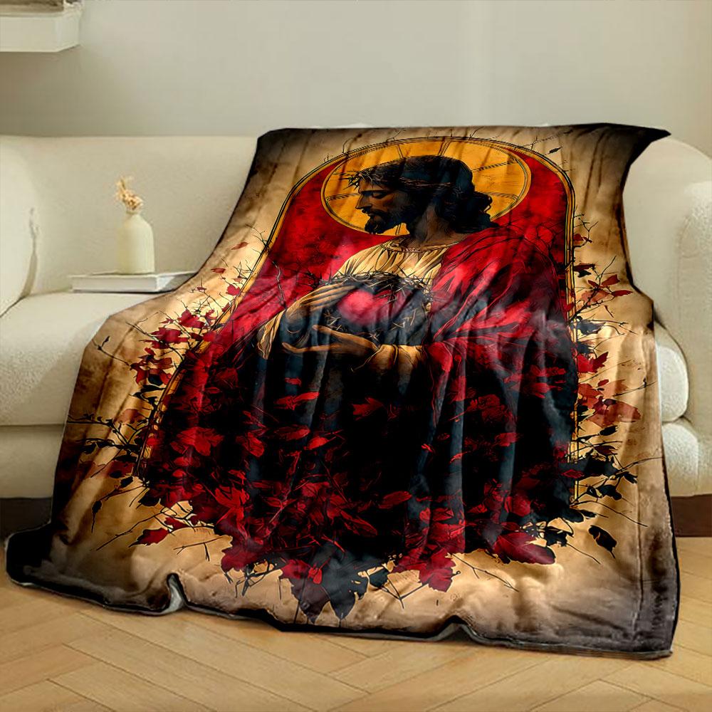 Sacred Heart Jesus Blanket Printed Blanket for Living Room Bed Couch Lunch Break Soft Cozy Blanket for Friend's Festival Gift