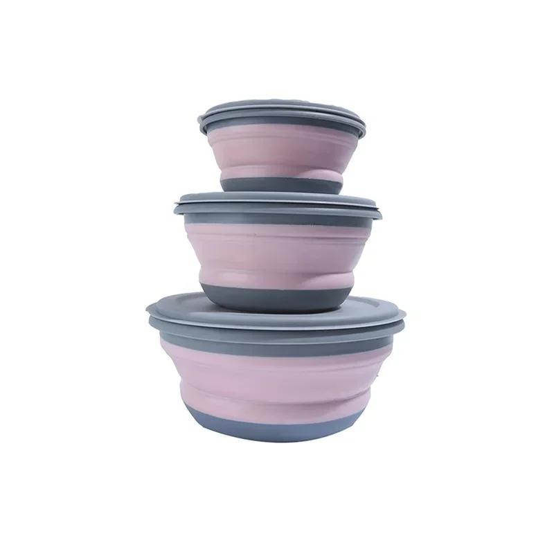 

3 Pieces Portable Silicone Folding Lunch Box Bowl Sets with Lid Foldable Salad Bowl Picnic Camping Tableware Set