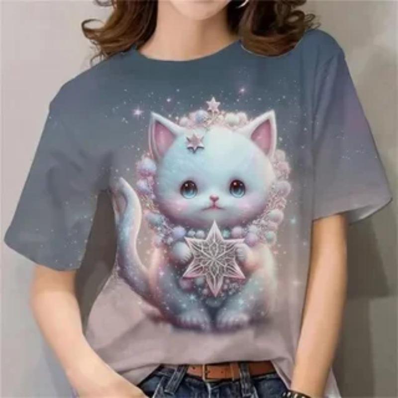 Women's Clothing 3D Cat Printed T-Shirt Cute  Animal T-Shirt Round Neck Short-Sleeved Casual Comfortable T-shirt