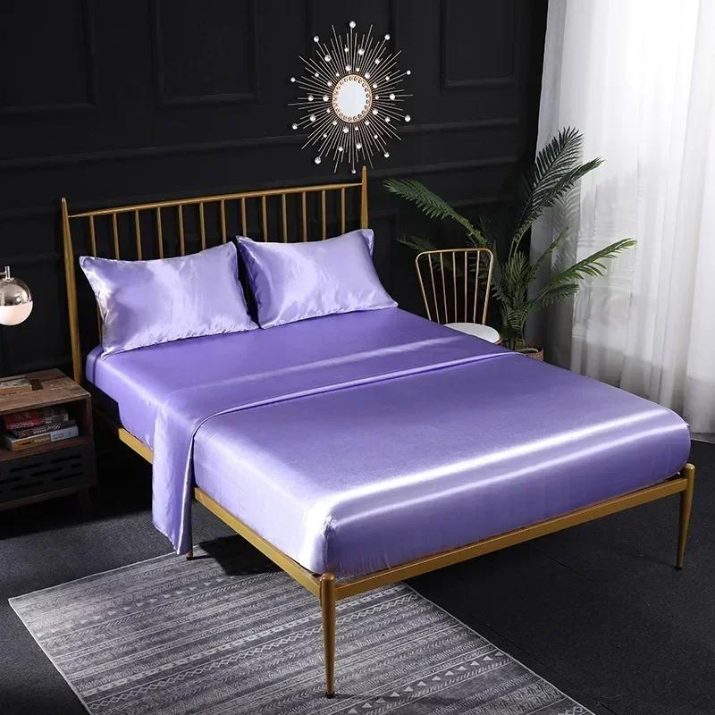 Luxury Satin Bed Sheets Set King Queen Size Fitted Sheet with Pillowcases Single Double Home Solid Color Faux Silk Bedding Set
