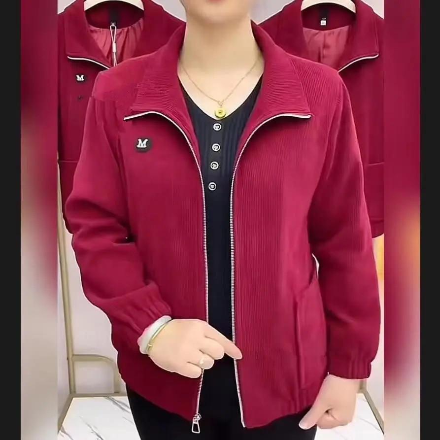 2025 Spring/Autumn Women's Plus Size Corduroy Jacket: Long Sleeve, Loose Fit, Zipper, Solid Color Cardigan