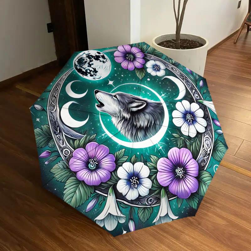 1pc Wolf Moon Floral Mandala Umbrella with Plastic Handle,Suitable for All Seasons Home Travel Outdoor UmbrellaDD1622