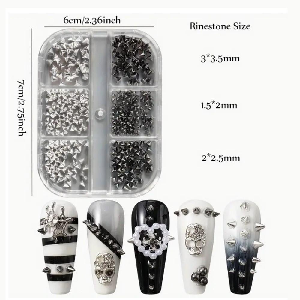6 Grids Multi-Size Nail Art Studs Black And Silver Tone Cone Spike Nail Jewels  Punk Style Nail Art