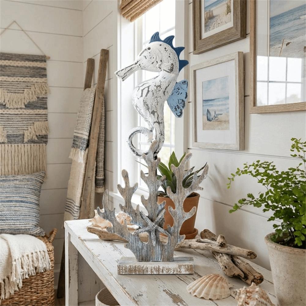 Vintage Wooden Ocean Animal Statue Handmade Coral Ornaments Unique Seahorse Figurine Living Room