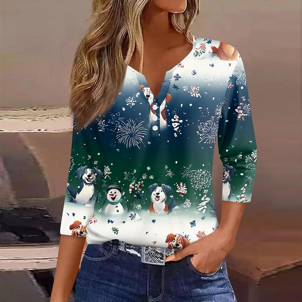 Women's T Shirt Tee Christmas Printed Button 3/4 Sleeve Tunic Daily Weekend Fashion Basic V- Neck Regular Top