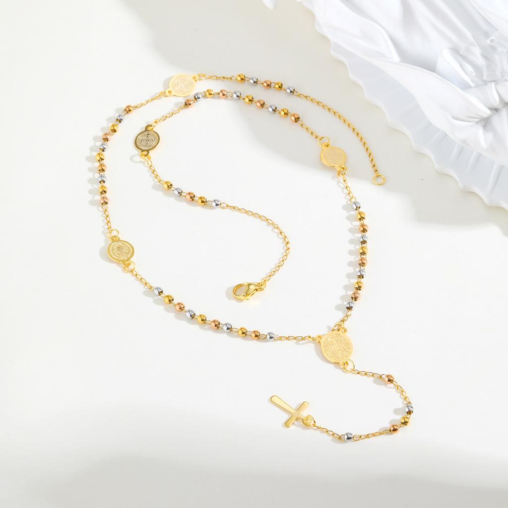 Stainless Steel Three-Color Rosary Virgin Oval Cross Y-Shaped Gold Necklace