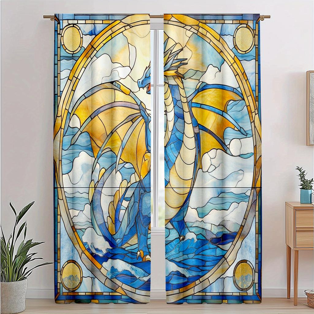 2pcs Decorative CurtainsWestern Dragon Drapes   Glass Dragon and Abstract Geometric Style for Boys and Girls