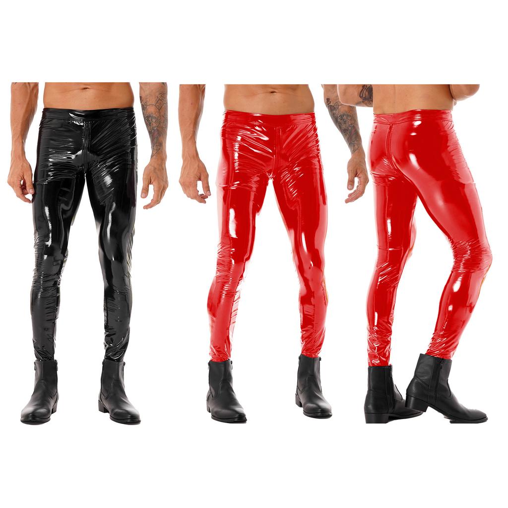 Mens Two Way Zipper Pants Wet Look Patent Leather Skinny Fit Clubwear