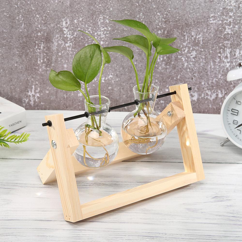 Glass and Wood Vase Planter Terrarium Table Desktop Hydroponics Tray Home Decor Plant Bonsai Flower Pot Hanging Pots with Wooden
