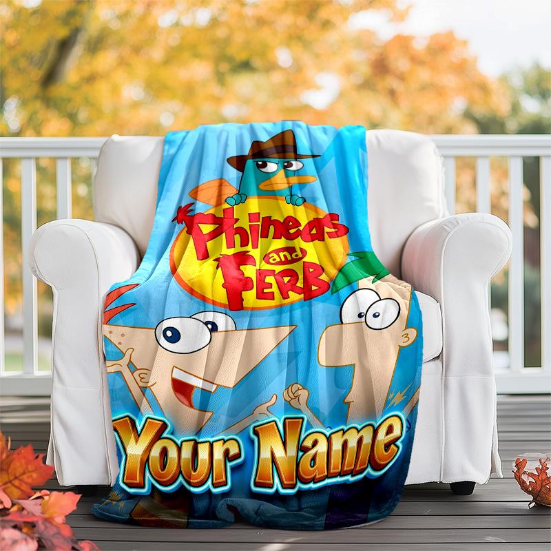Customizable Phineas and Ferb Throw Blanket – Personalized Name, All-Season Cozy Snug Blanket, Machine Washable, Personalized Blanket
