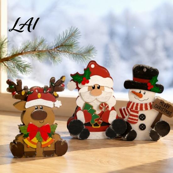 Seasonal Desktop Party Supplies 3Pcs Christmas Wooden Tabletop Decor Set Santa Snowman Reindeer Figurine Hanging Gift for Family Tree Ornament with