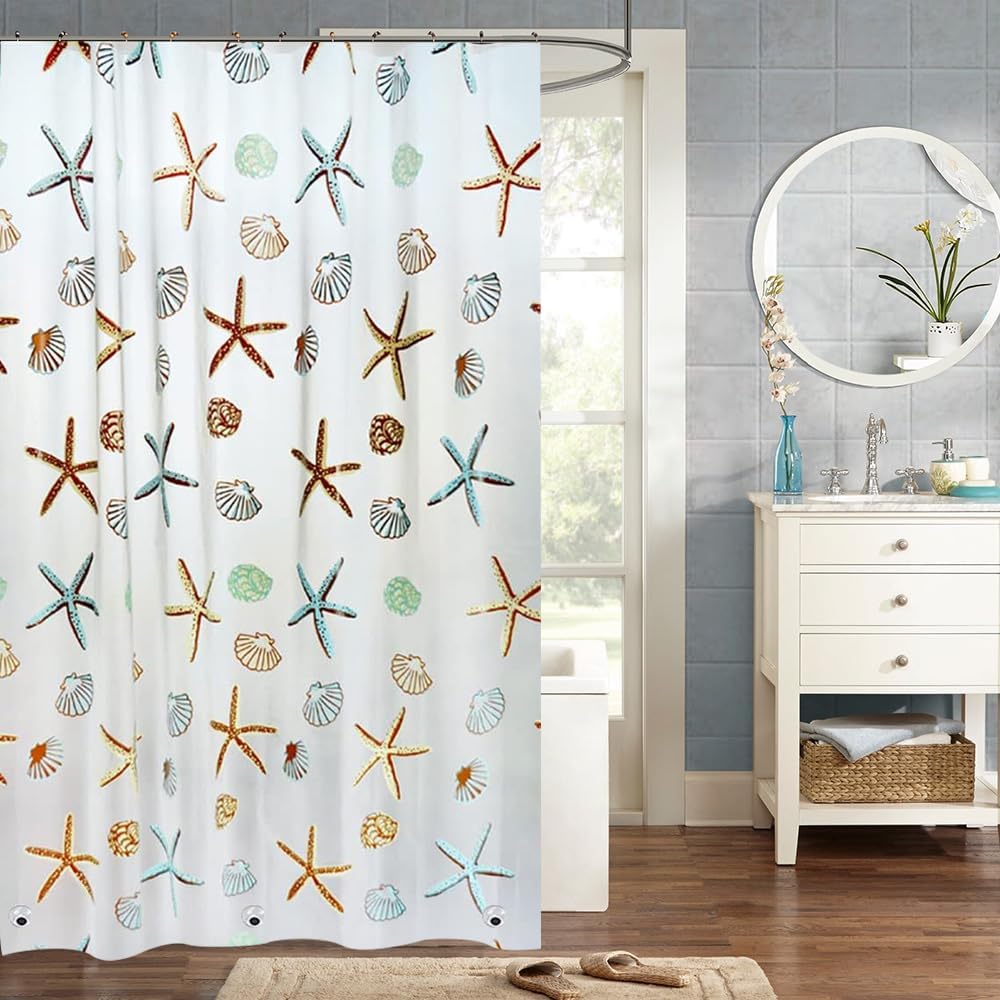 1Pc Starfish Shower Curtain With Metal Grommets & Plastic Hooks Transparent Bath Curtain Liner Bathroom Partitions Window