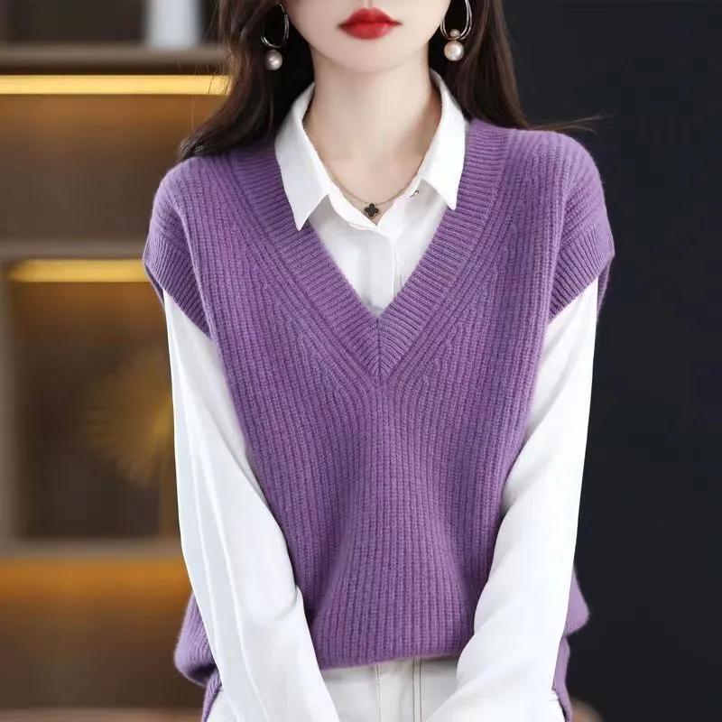 Spring Autumn Winter Knit Vest Women's V-neck Solid Color Top Loose Casual Pullover Pull Jumper Sleeveless Ted Bat Shirt All-match Harajuku Commuting