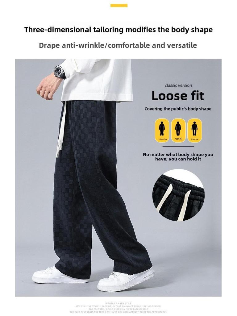 Men's Checkerboard Corduroy Wide-Leg Pants - Casual, Loose Straight Fit for Spring and Summer