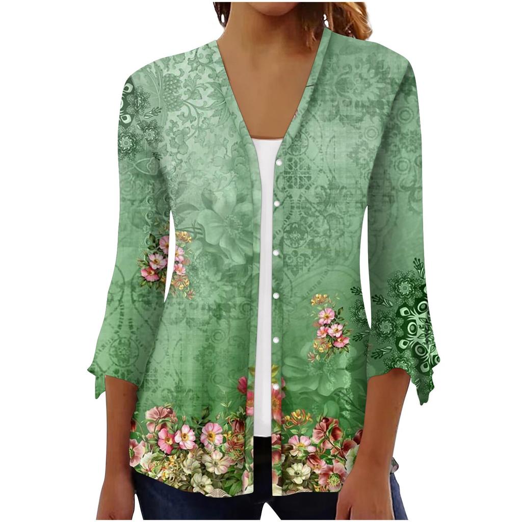 Moda Donna Blusa Cardigan Top Manica a Sette Parti Stampata Casual Ampia