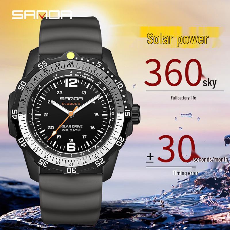 Sanda Men's Solar-Powered Sports Watch - Glow In the Dark, Waterproof, Pointer-Type, Long-Lasting
