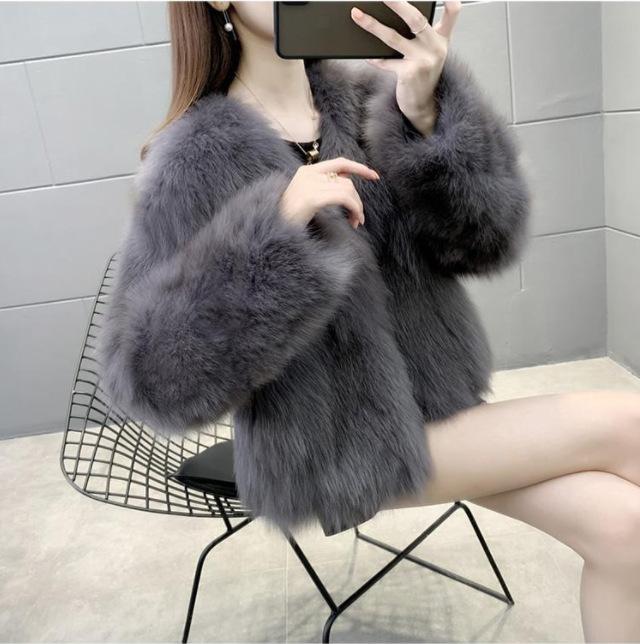 2024 winter Haining imitation fox fur imitation fur jacket young short fur integrated V-neck women's fur clothes