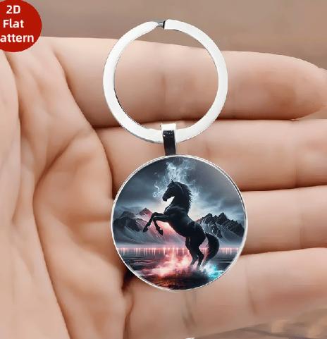 Round Pendant Keychain with a Running Horse Design