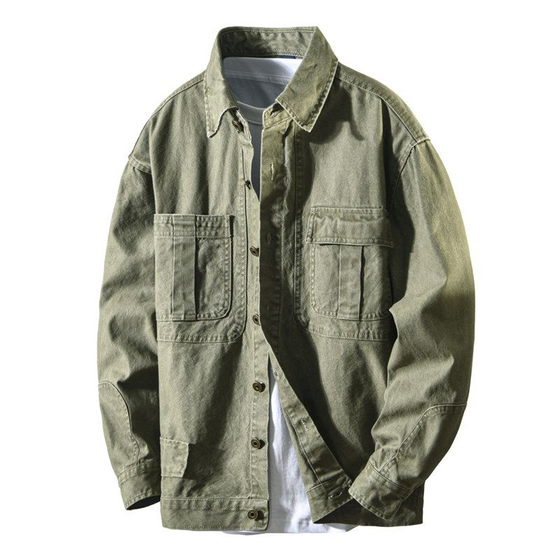 TW Spring and Autumn American vintage Cargo Jacket Men's Loose Casual Long sleeve Outerwear Thin Heavy Washed Pure Cotton