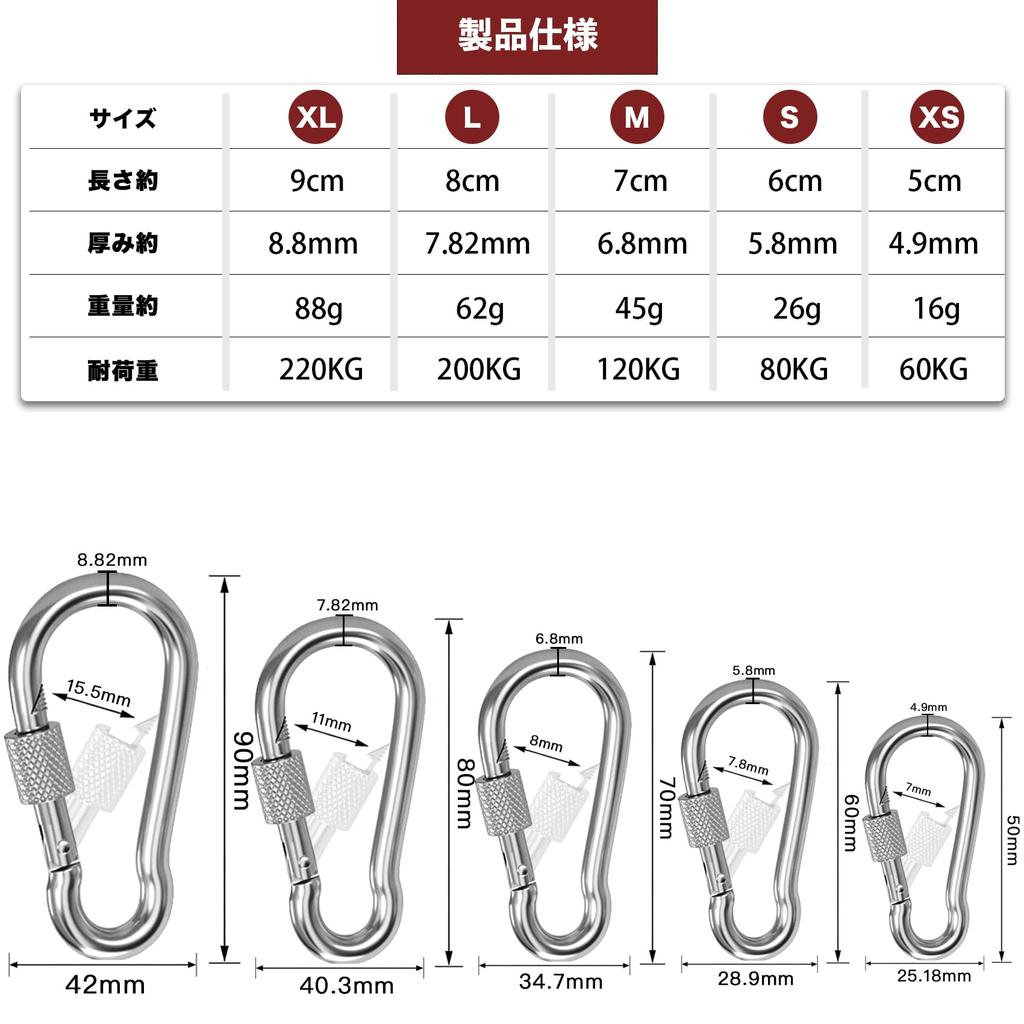 Wlikn 304 Stainless 200kg Weight Spring for Outdoor Rustproof Carabiner, Steel, Capacity, Hook, Locking, Multifunctional, Camping, Trekking, Hiking,