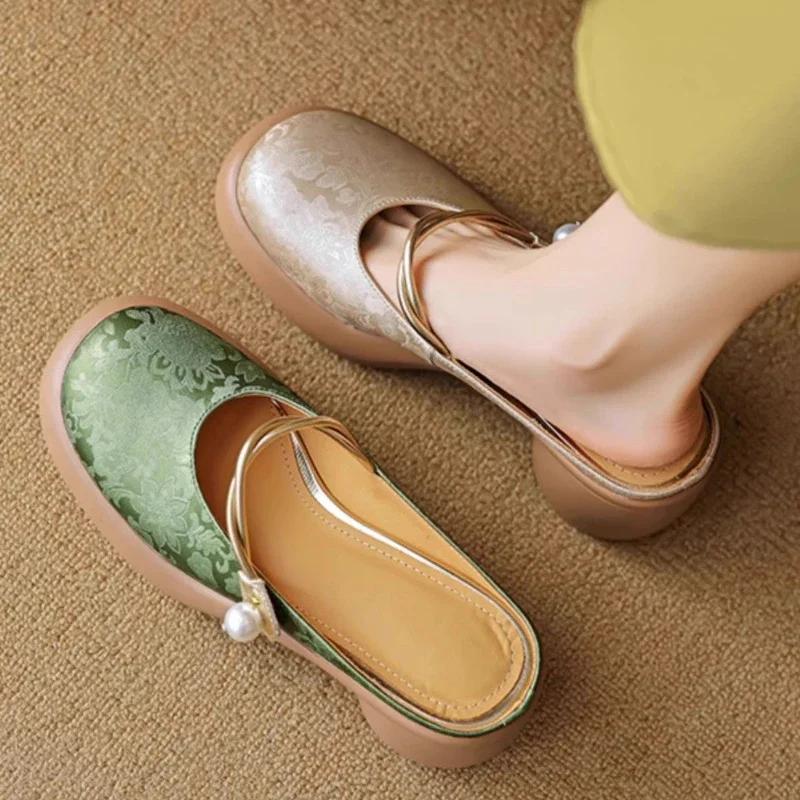 Fashion Mid Heel Square Heel Modern Slippers Summer Outside Women's Shoes on Sale 2024 Fashion Shallow Solid Ethnic Women's Slippers
