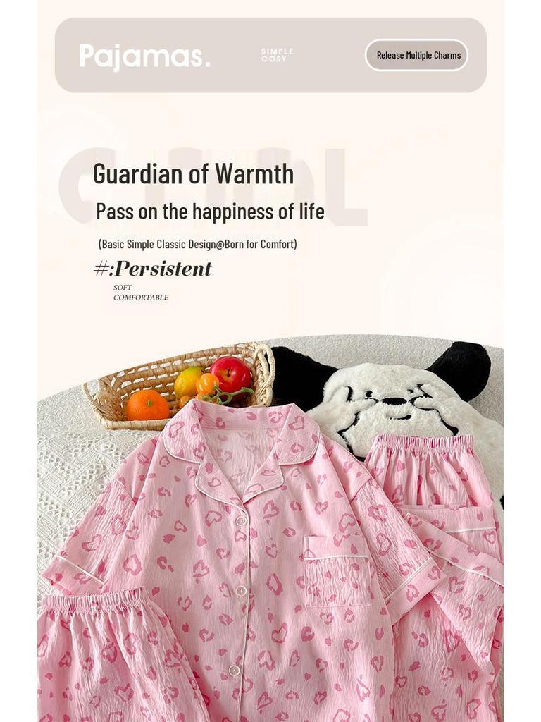 Leopard Print Love Heart Short Sleeve Pajama Set: Women's Summer Cloud Cotton Three-Piece Loungewear