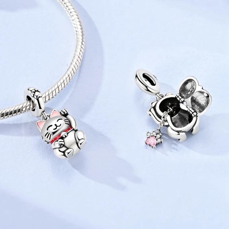 925 Silver Cute Kitten Lucky Cat Charm Can Be Opened Bead Pendant Fit Original Bracelet DIY Women Jewelry Gifts