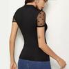 Women's Short-Sleeve Bodysuit Polka Dot Mesh Yoke Mock Neck Design