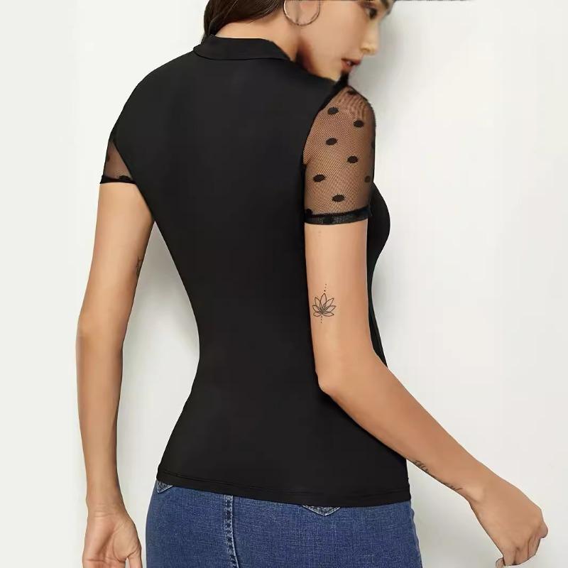 Women's Short-Sleeve Bodysuit Polka Dot Mesh Yoke Mock Neck Design