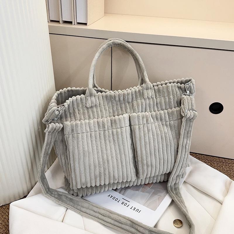 Simple Solid Color Corduroy Shoulder Bags for Women Large Capacity Ladies Multi-Pocket Tote Handbags Student Crossbody Bag
