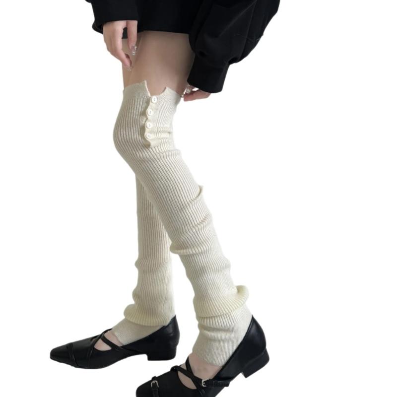 Japanese Ballet Styles Thigh High Leg Warmer Ribbed Knitted Split Buttons Over Knee Footless Socks for Fashionable Women