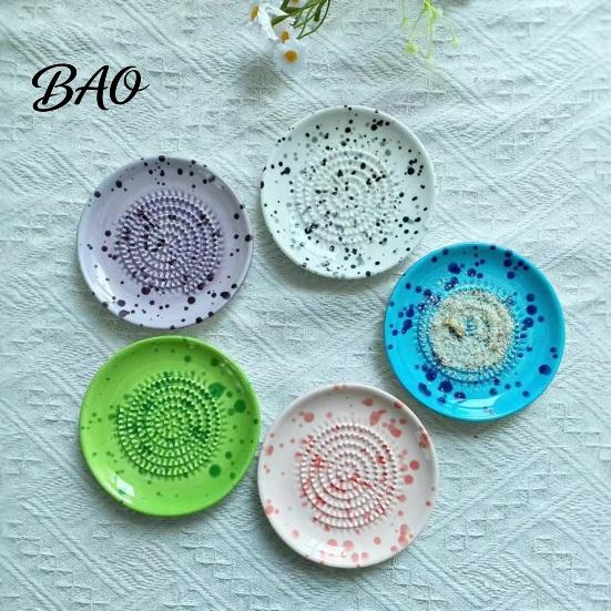 Small Ceramic Grater Bowl, Manual Ginger Garlic Mincer with Ink Splash Pattern, Multi-use Dish Pepper Grinding Plate for Wasabi Daikon, Dishwasher