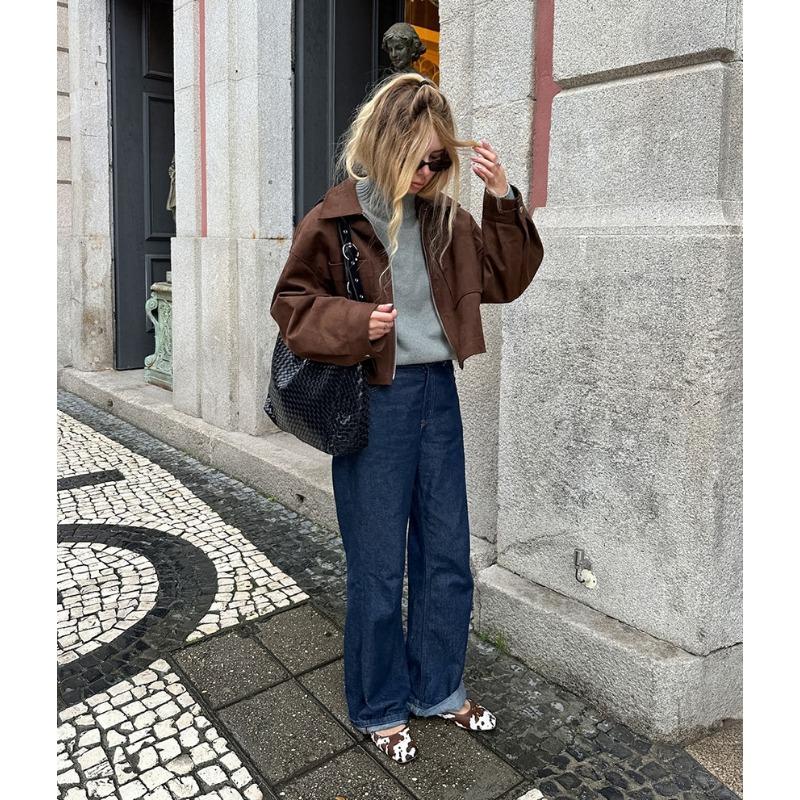 Women Vintage Loose Brown Suede Jacket Casual Fashion Outerwear For Ladies