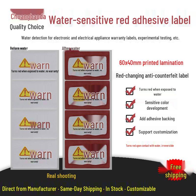 Red Wet When Wet 60x40mm Water-Sensing Lithium Battery Warranty Stickers - 20 Sheets Yes белый