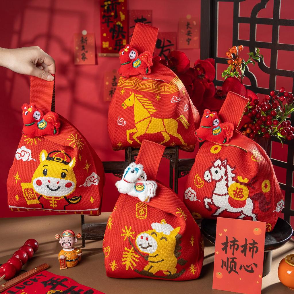 2026 Horse Year Cartoon Mascot Pony Knitted Gift Bag Handheld Candy Bag Knot Wrist Bag Cute Tote Bag Reusable Shopping Bags